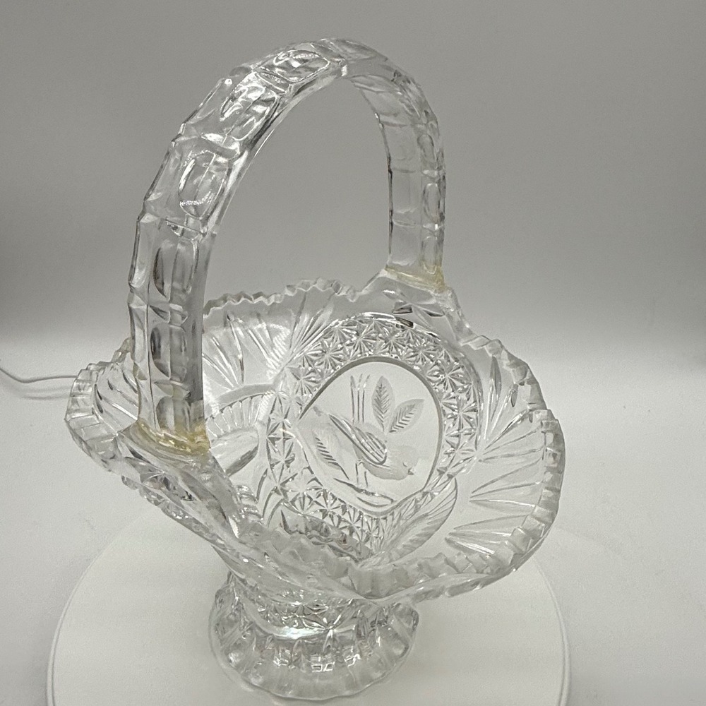 Vintage Clear Pressed Glass Footed Basket Bird Starburst Pattern Scalloped Rim